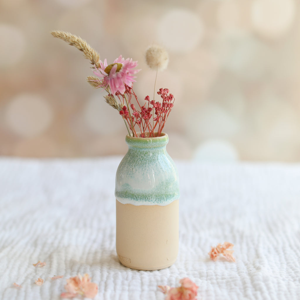 Pea green ceramic milk bottle vase - Daisy Park