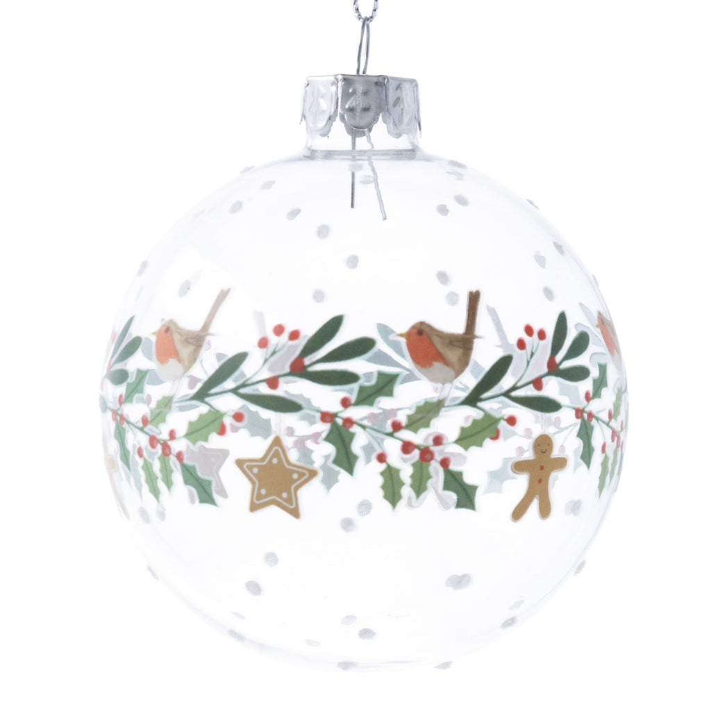 Clear robin and holly wreath band glass ball - Daisy Park