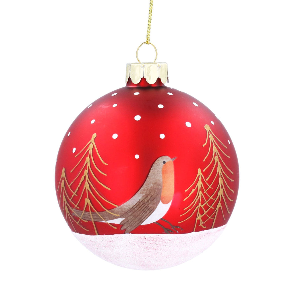 Matt red with robin & trees glass ball - Daisy Park