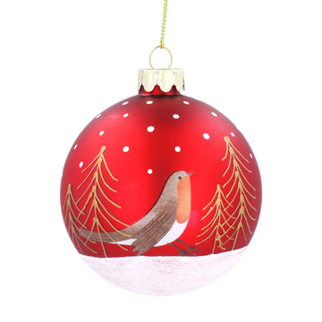 Matt red with robin & trees glass ball - Daisy Park