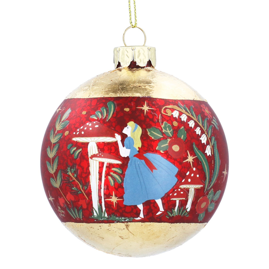 Gold foil Antique red with Alice and Toadstools glass bauble - Daisy Park