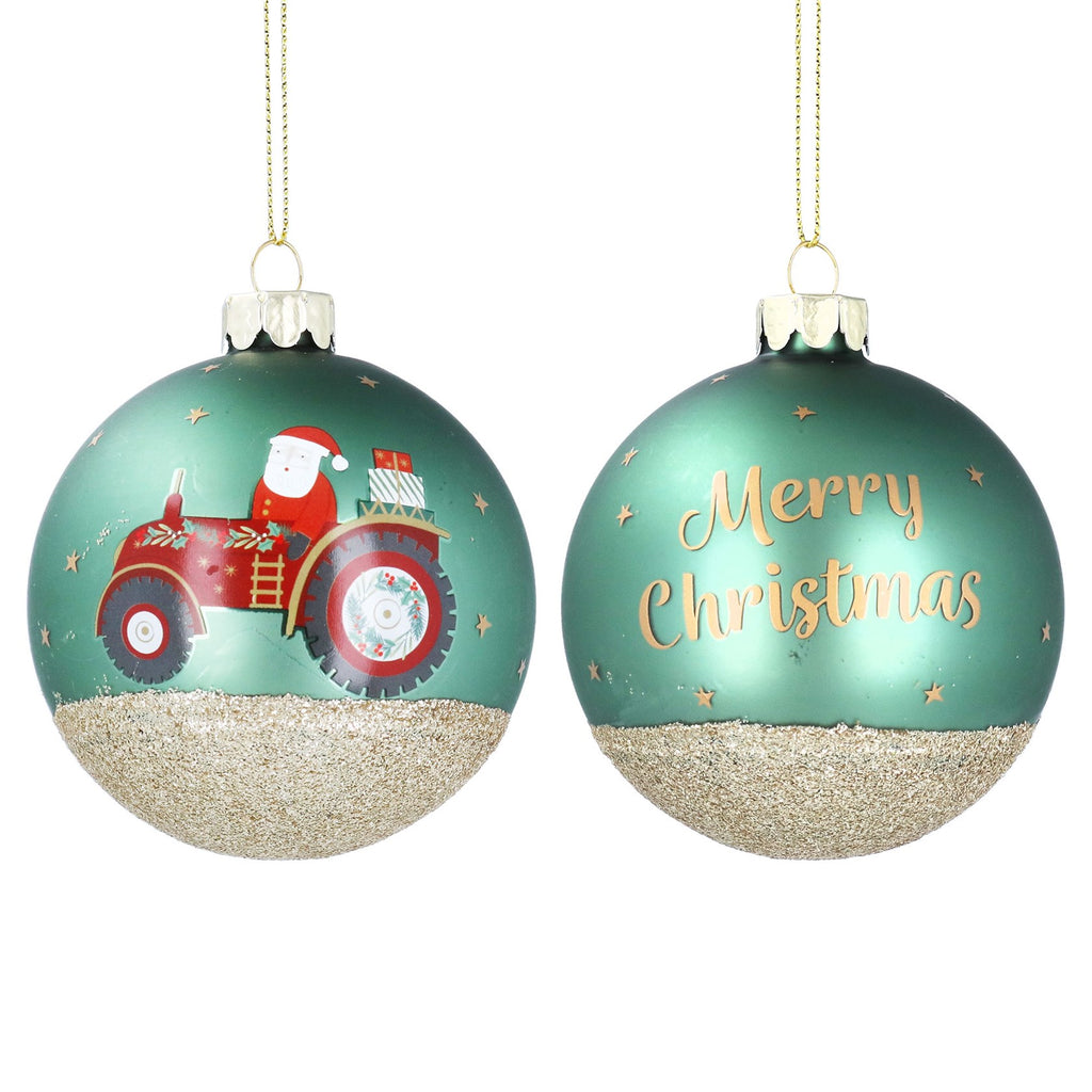 Matt green Santa on tractor glass bauble - Daisy Park
