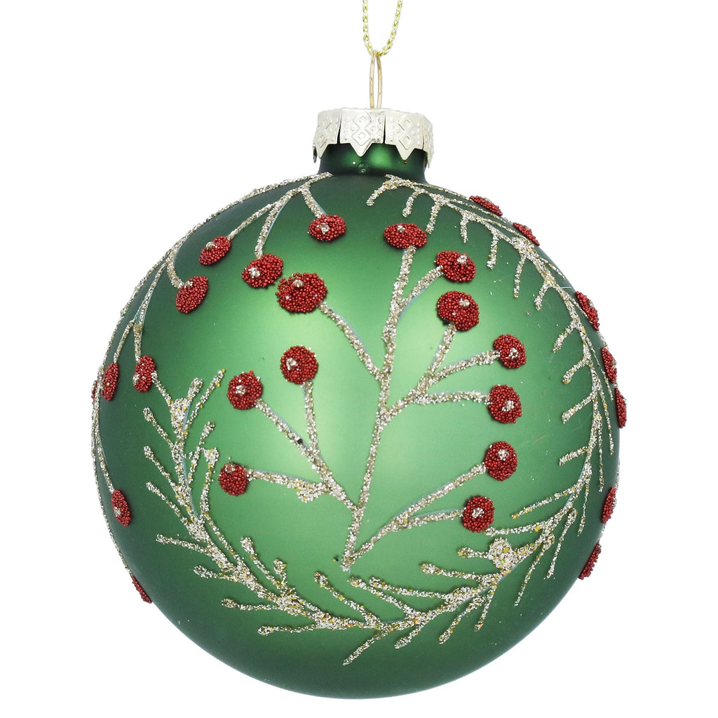 Green with gold branches and red berries glass ball - Daisy Park