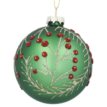 Green with gold branches and red berries glass ball - Daisy Park