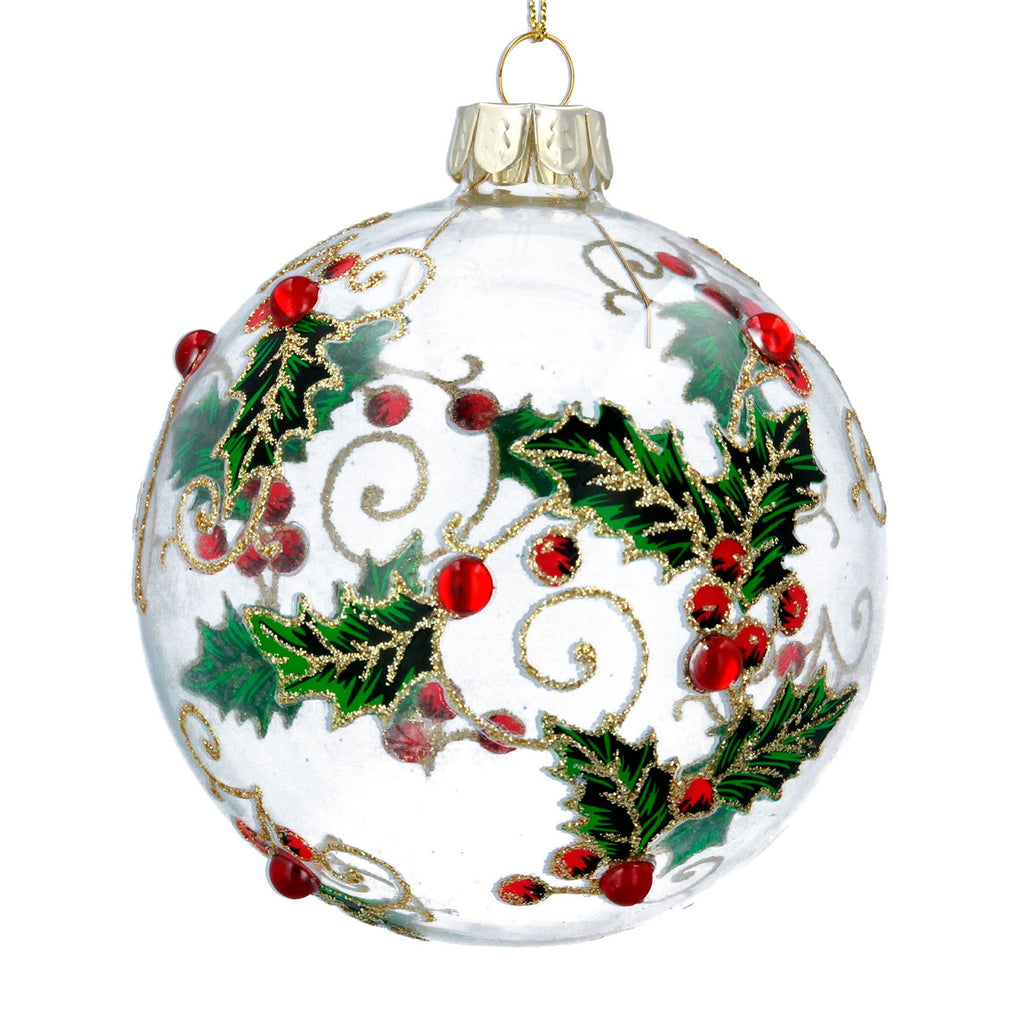 Clear glass bauble with diamanté and painted holly - Daisy Park