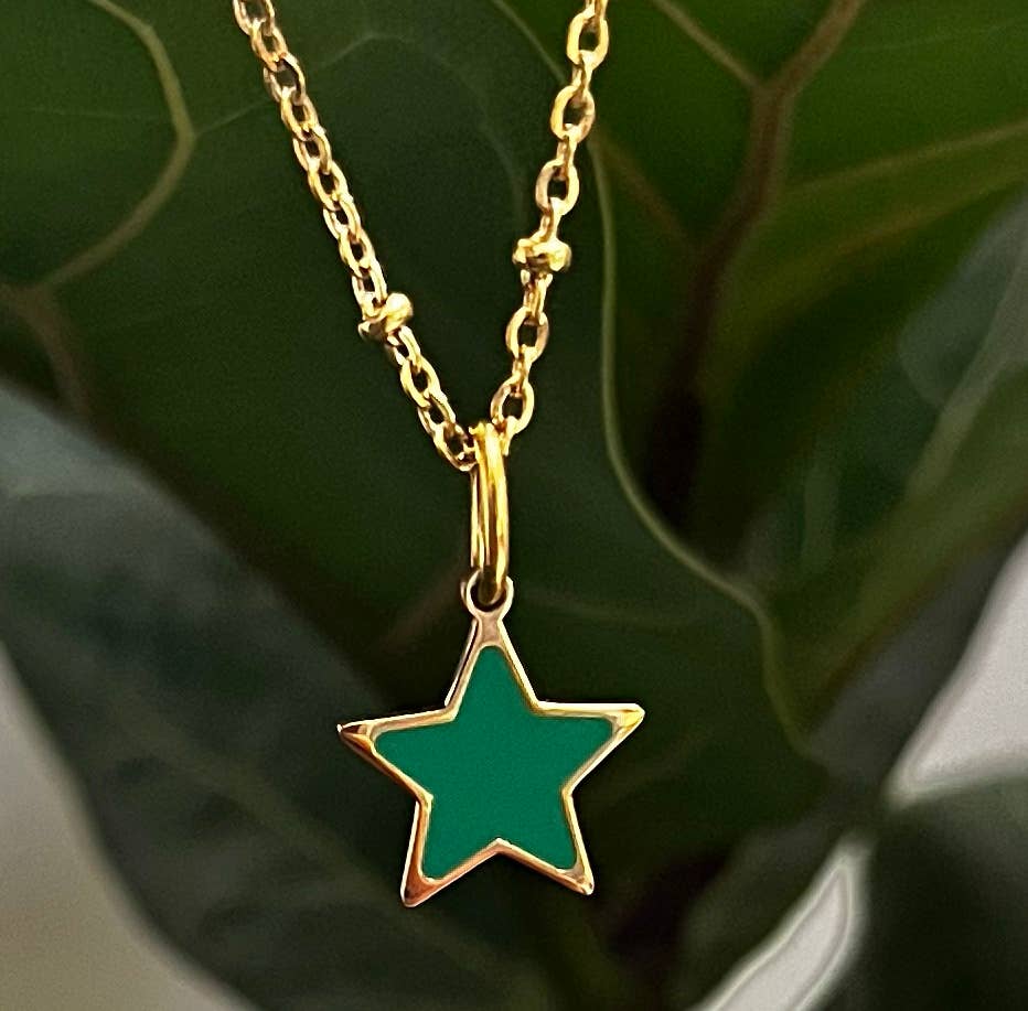 Gold Star charm necklace with emerald enamel - Daisy Park