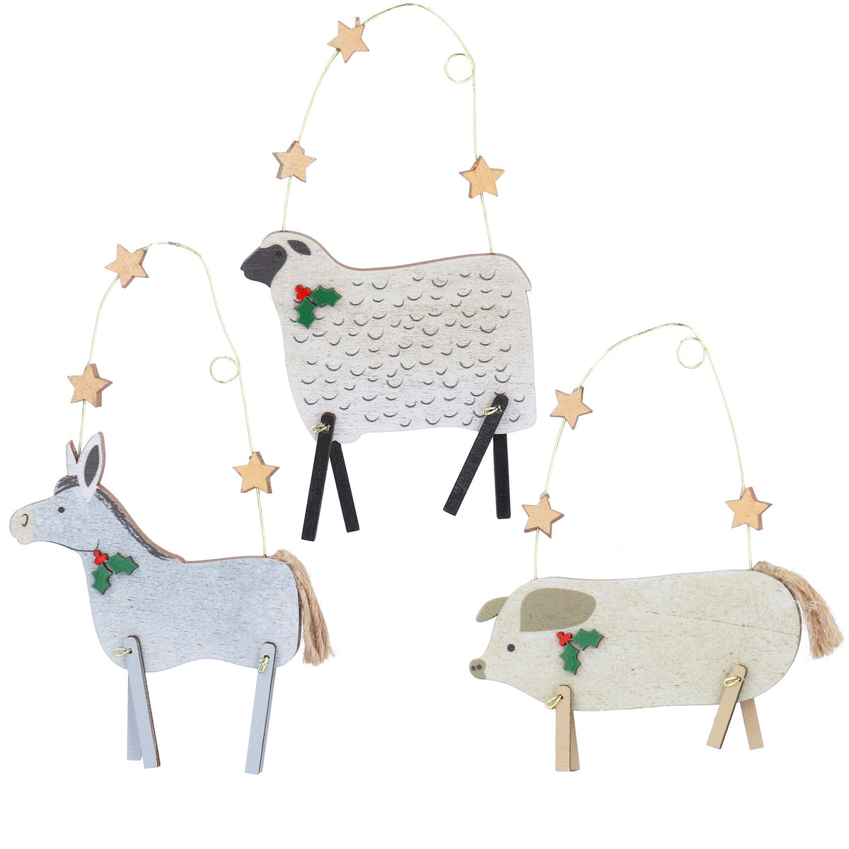 Wooden Sheep, Donkey or Pig Christmas Decoration – Choice of Three