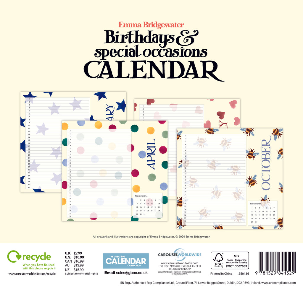 Emma Bridgewater Polka dot Birthday mini calendar - Daisy Park