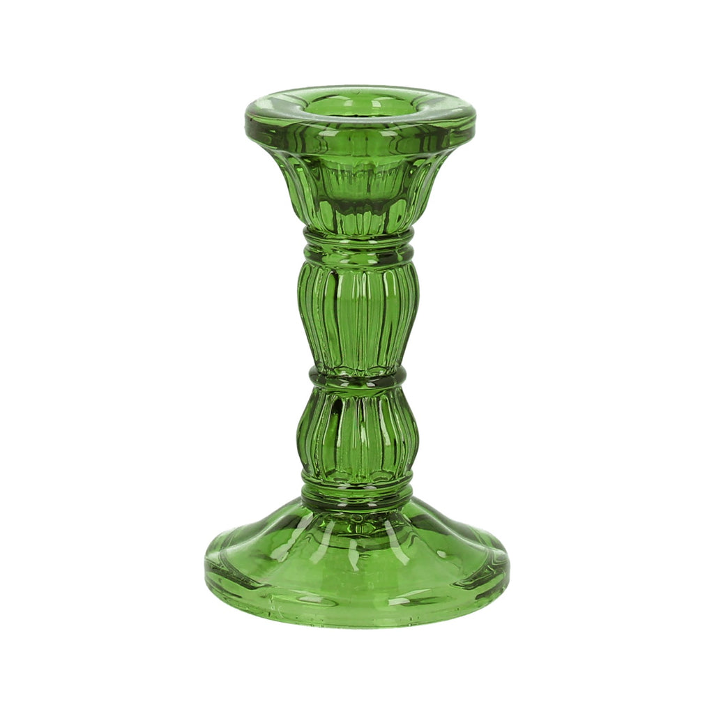 Green small moulded glass candlestick - Daisy Park