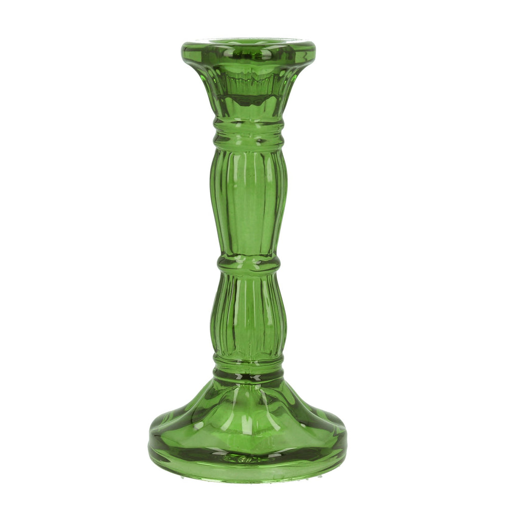 Green moulded medium glass candlestick - Daisy Park
