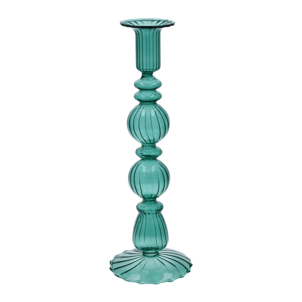 Clear turquoise double ball glass candlestick - Daisy Park