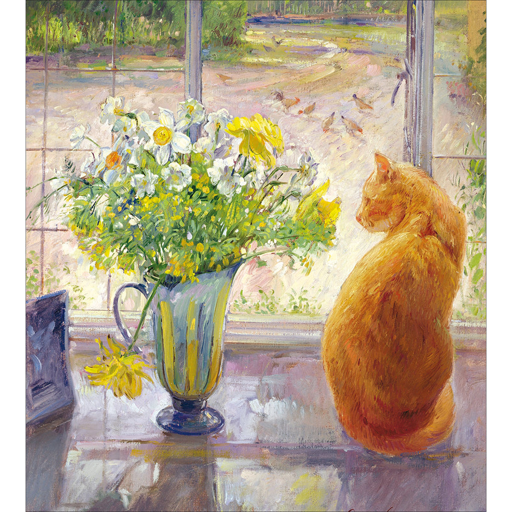 Spring flowers and cat blank card - Daisy Park