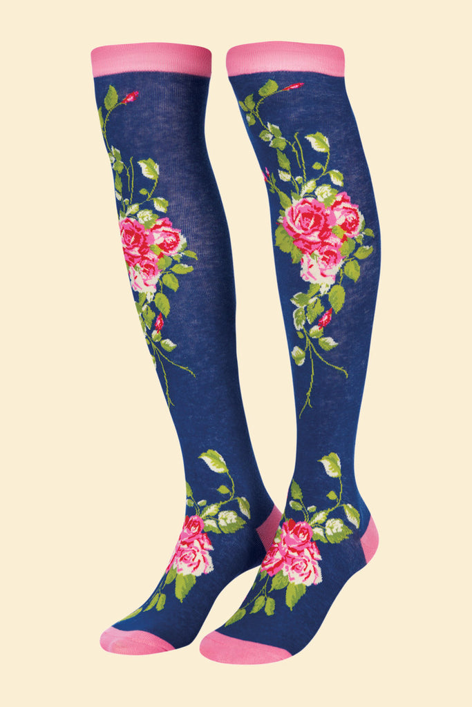 Navy floral vines long Socks - Daisy Park