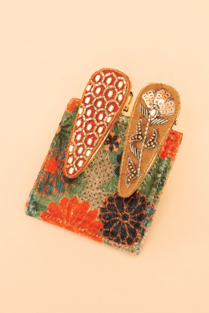Jewelled hair clips - Tangerine & mustard Hexagon & floral stem (pack of 2) - Daisy Park