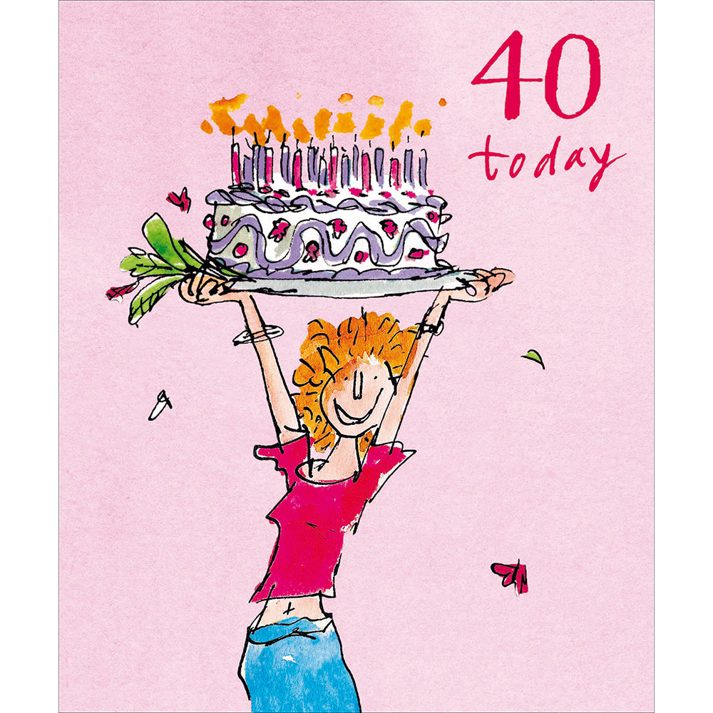 Quentin Blake birthday card with age 40 and a female character and cake on a pink background. Greeting card. Age 40 birthday card