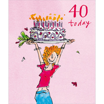 Quentin Blake birthday card with age 40 and a female character and cake on a pink background. Greeting card. Age 40 birthday card
