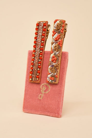 Narrow jewelled hair bar in Coral ovals & beads - Daisy Park