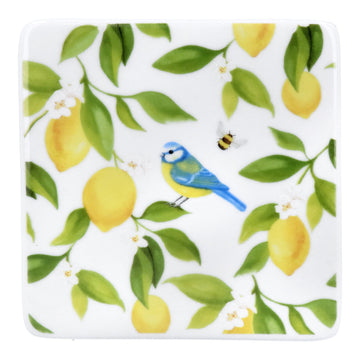 Lemon and Blue Tits Porcelain Coaster - Daisy Park