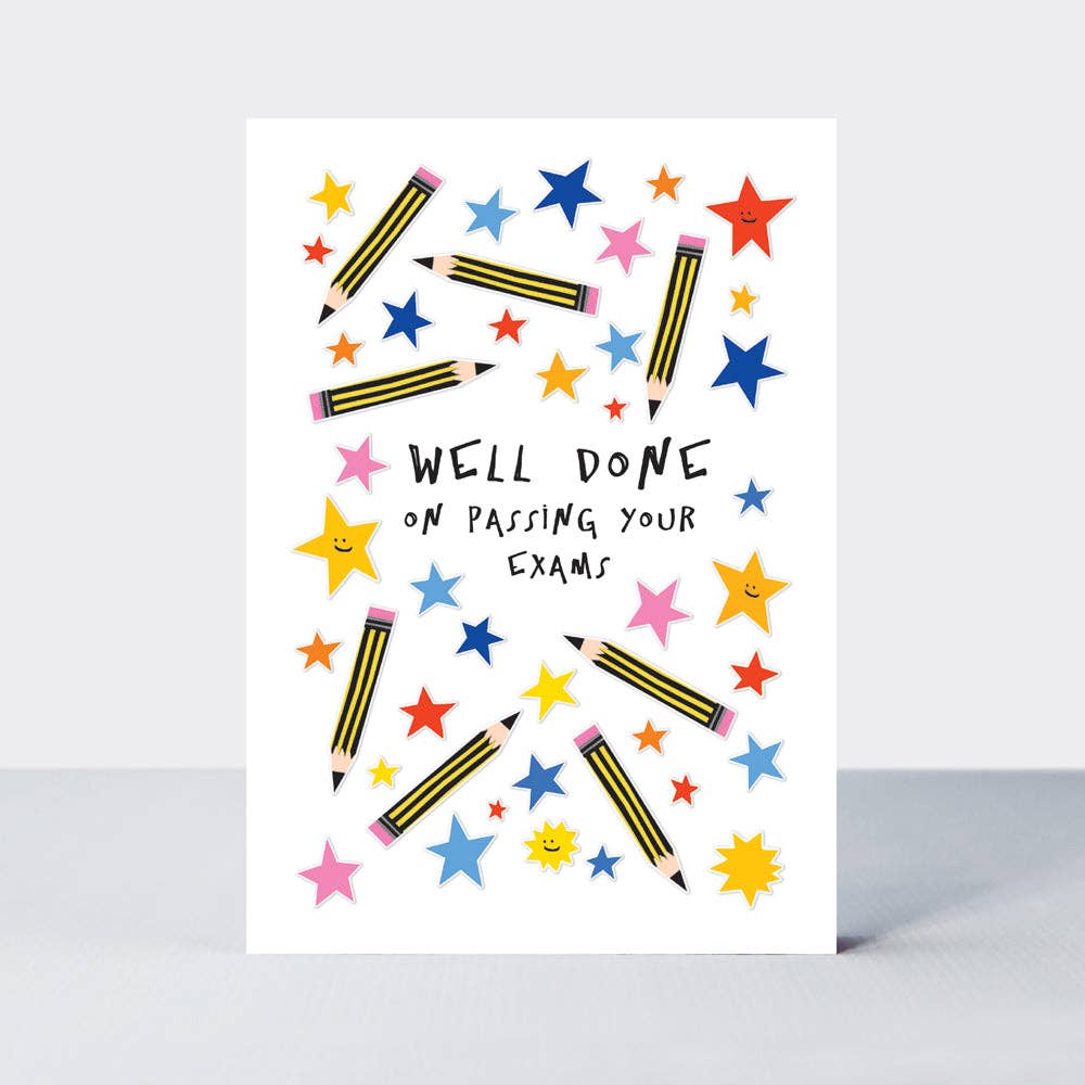 Well Done On Passing Your Exams/Stars & Pencils card