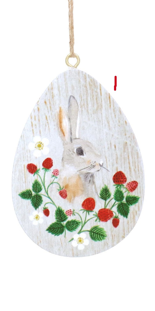 Strawberries Bunny White flat wood egg decoration - Daisy Park