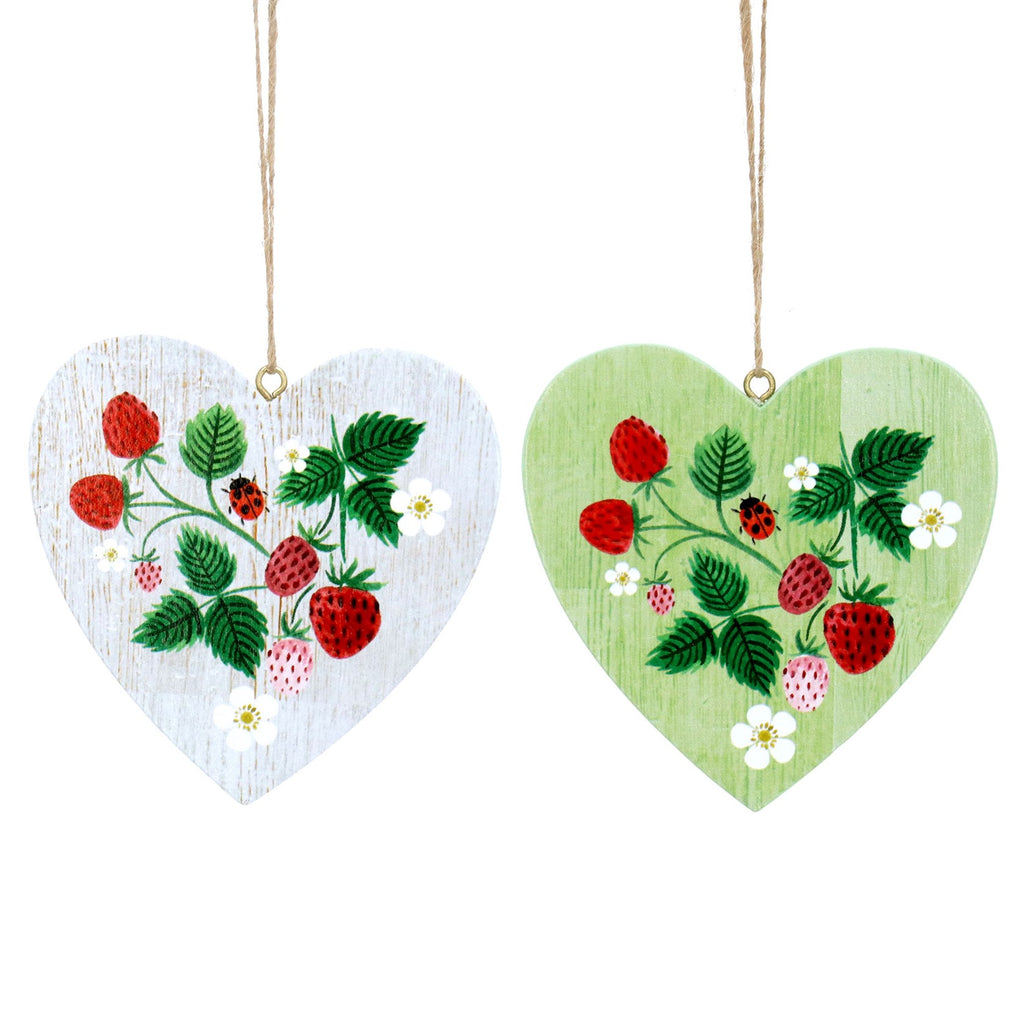 Strawberries White/Green flat wood heart decoration - Daisy Park