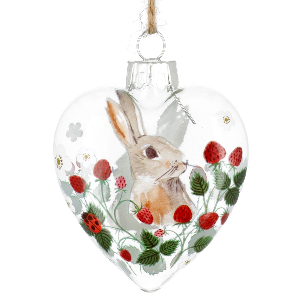 Strawberry Rabbit clear glass heart decoration - Daisy Park