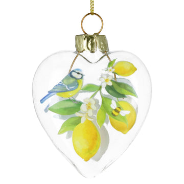 Lemon & Blue Tit clear glass heart decoration - Daisy Park