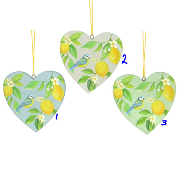 Lemon & Blue Tit wooden heart decoration - Daisy Park