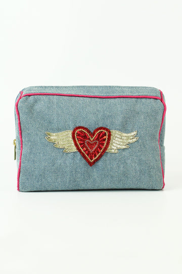 Flying heart denim make up bag - Daisy Park
