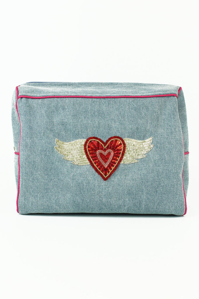 Flying heart denim wash bag - Daisy Park
