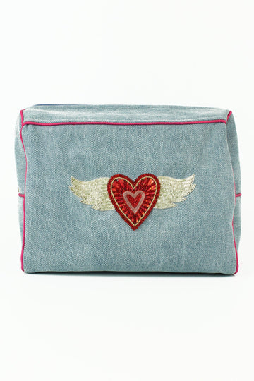 Flying heart denim wash bag - Daisy Park