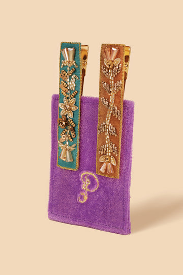 Narrow jewelled hair bar Floral vines, Turquoise and mustard - Daisy Park