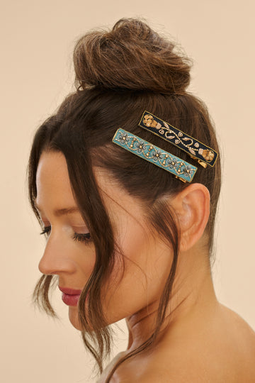 Narrow jewelled hair bar set of 2 Ribbon and vine, turquoise and coral - Daisy Park