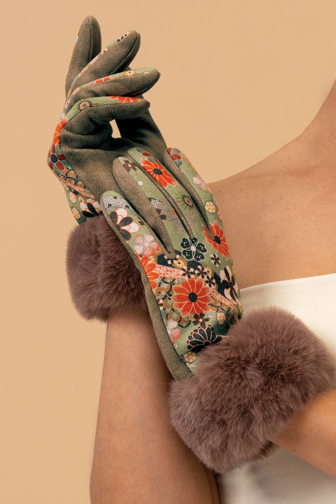 Bernadette 70s floral kaleidoscope gloves - Olive & Rust - Daisy Park