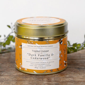 Toasted Crumpet Dark Vanilla & cedar wood candle in matt gold tin - Daisy Park