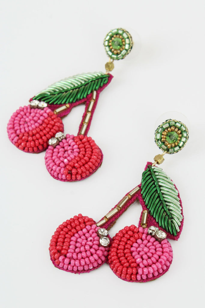 Pink and red beaded cherry drops earrings - Daisy Park