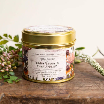 Toasted Crumpet Elderflower & Pear Presse candle in matt gold tin - Daisy Park