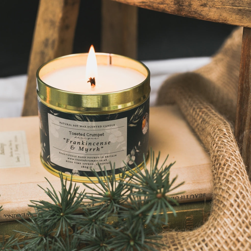 Toasted Crumpet Frankincense and Myrrh candle in matt gold tin - Daisy Park