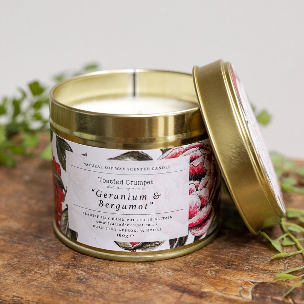 Toasted Crumpet Geranium & Bergamot candle in matt gold tin - Daisy Park