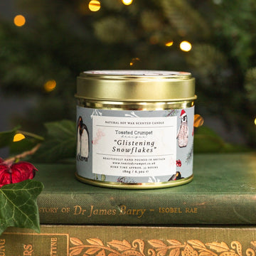 Toasted Crumpet Glistening Snowflakes candle in matt gold tin - Daisy Park