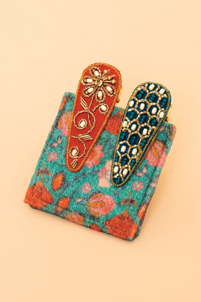 Jewelled hair clips - Tangerine & teal Hexagon & floral stem (pack of 2) - Daisy Park