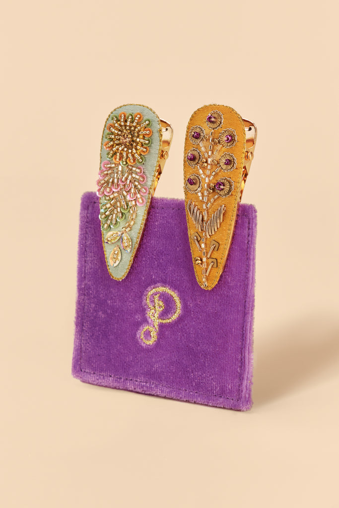 Jewelled hair clips -Sunflower and wheat, Ice and mustard - Daisy Park