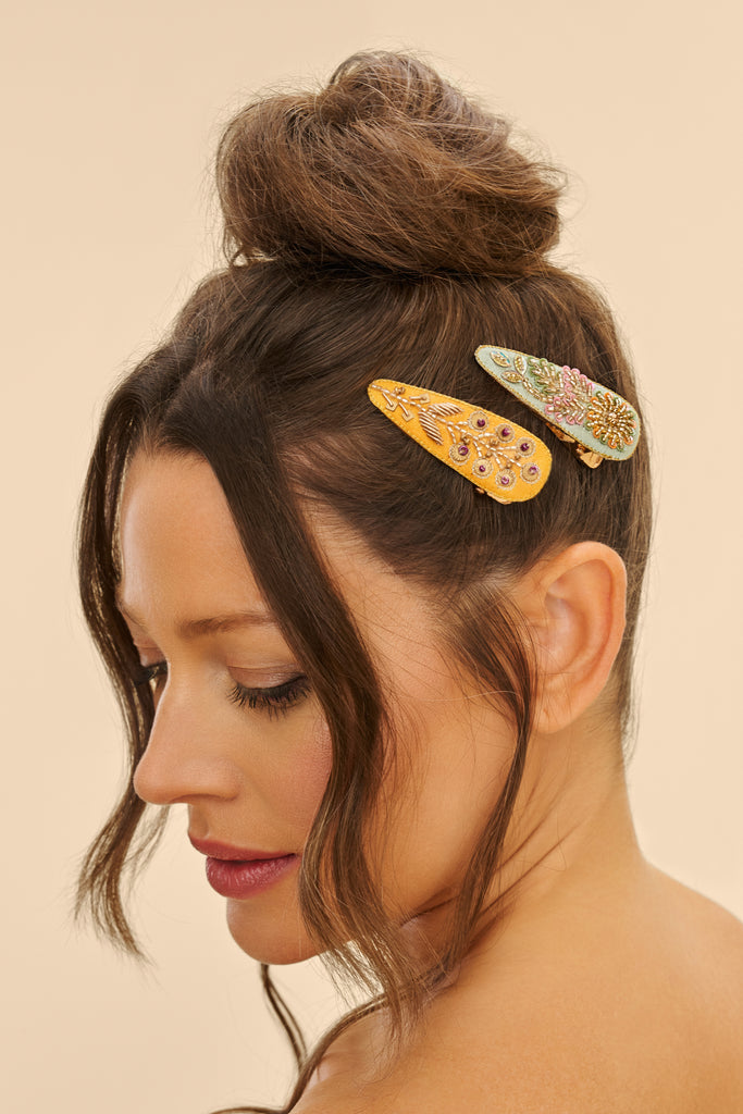 Jewelled hair clips -Sunflower and wheat, Ice and mustard - Daisy Park