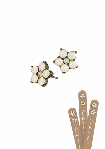 Five petal floral studs - Old gold/white opal - Daisy Park
