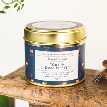 Toasted Crumpet Dark Woods and Oud candle in matt gold tin - Daisy Park