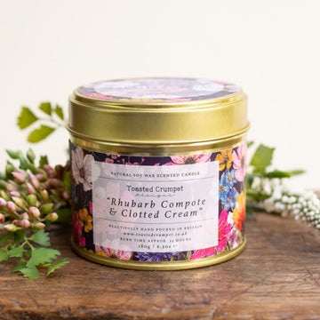 Toasted Crumpet Rhubarb Compote & Clotted Cream candle in matt gold tin - Daisy Park