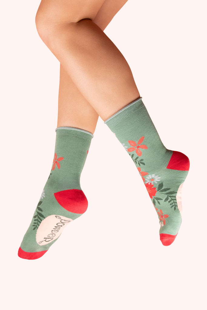 Floral Spray Olive ankle socks - Daisy Park