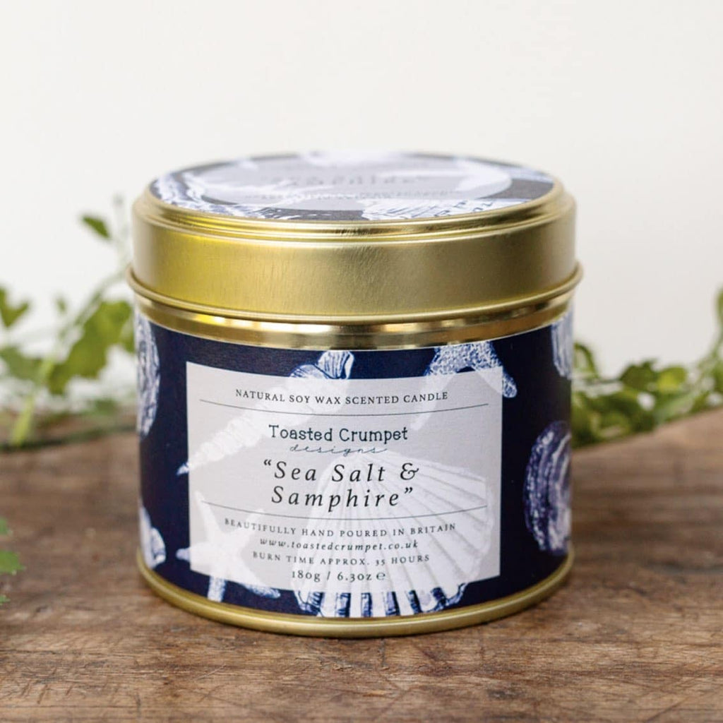 Toasted Crumpet Sea Salt & Samphire Candle in matt gold tin - Daisy Park