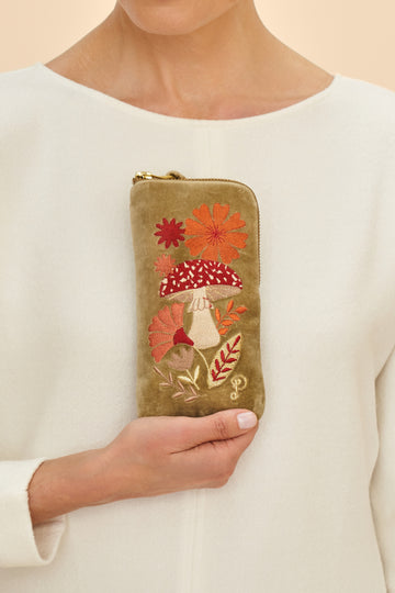 Velvet embroidered glasses pouch - Tranquil toadstool sage - Daisy Park