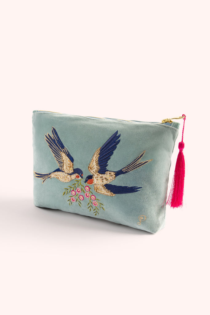 Swooping swallows Velvet zip pouch - Daisy Park